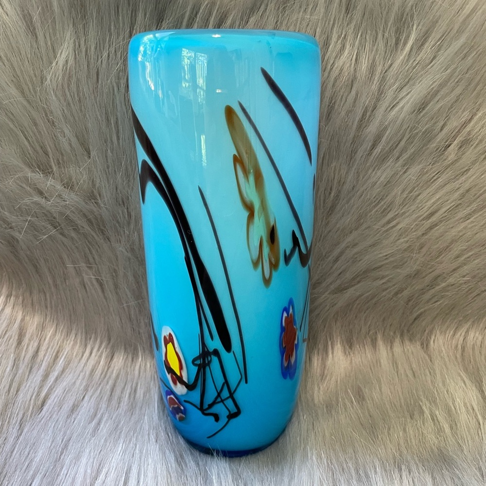 Murano Style Hand Blown Glass Vase with abstract floral Design.